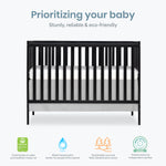Dream On Me Synergy 5-in-1 Convertible Full-Size Baby Crib with Toddler, Day & Full Bed Conversion in Black, GreenGuard Gold & BSA, 3 Mattress Heights, Sustainable Pinewood