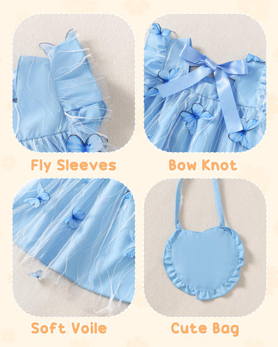 Toddler Girl Dress 2t 3t Girl Clothes Cute Ruffle Tutu Fairy Butterfly Princess Light Blue Dress for Toddler Summer Two Piece Outfit Casual Sundress