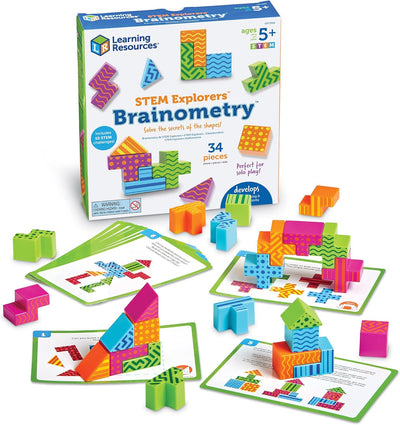 Learning Resources STEM Explorers Brainometry set with colorful geometric blocks and activity cards on a white background.