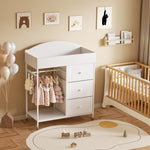 DTK Changing Table Dresser with Clothing Rack and Storage Shelf,3-Drawer Baby Dresser with Changing Table Top,Diaper Changing Station with Waterproof Pad,Mobile Dresser for Nursery,White
