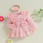 ZAXARRA Infant Baby Girl Romper Dress Baby Dress Romper Flowers Lace Fall Winter Clothes with Headband (Pink, 6-9 Months)