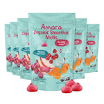 Amara Organic Smoothie Melts packages with fruit illustrations on a white background
