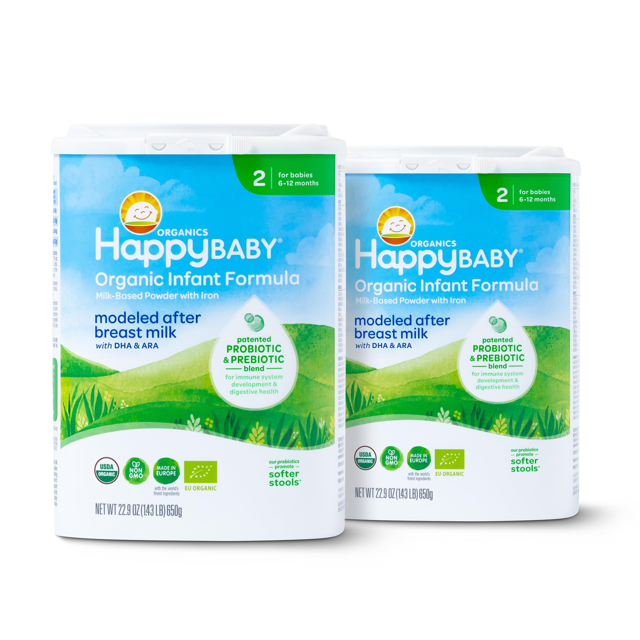 Happy Baby Organics Stage 2 Infant Formula, 6-12 Months, Milk Based Organic Baby Formula Powder with Iron, Probiotics & Prebiotics for Immune & Digestive Support, 22.9 Ounce (Pack of 1)