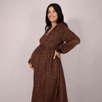 Motherhood Maternity Women’s Long Sleeve Button Front Midi Pregnancy Dress, Brown Animal, Large