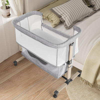 Cowiewie Bassinet Bedside Sleeper, Portable, Breathable, Adjustable Baby Bedside Bassinet for Peaceful Nights, Light Grey