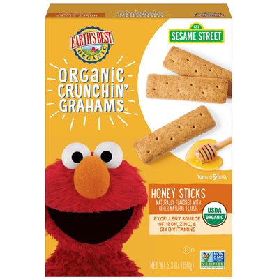 Box of Earth's Best Organic Crunchin' Grahams with Elmo on a white background