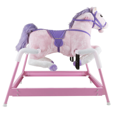 Spring Rocking Horse - Plush Bouncy Ride-On Toy with Fun Sounds, Wood Handles, and Adjustable Stirrups for Kids Ages 3 to 6 by Happy Trails (Pink)