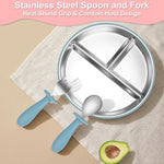 Baby Feeding Set| 2 Pack Stainless Steel Divided Suction Plate, 2 Set Toddler Spoons & Forks|BPA&LFree, Baby Led Weaning Supplies for Toddler Utensils Baby Feeding Essentials,grey blue