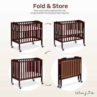 Dream On Me 3-in-1 Portable Mini Baby Crib in Espresso, GreenGuard Gold & JPMA, Birchwood, Quick Fold Patent, Playpen or Changer, Storage or Travel, Heavy Duty Steel Castors, 3 Heights1″ Mattress Pad