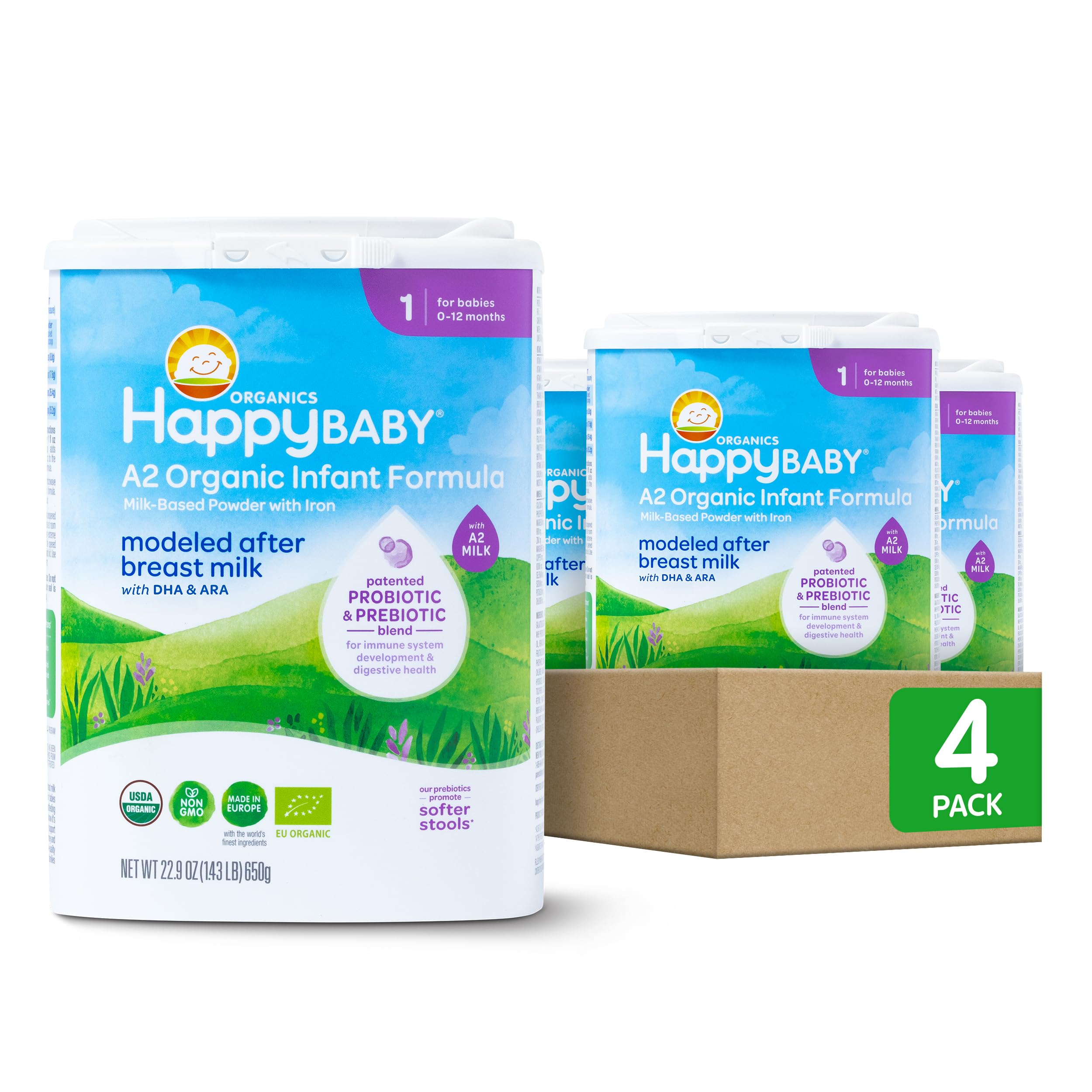 Happy Baby Organics Stage 1 A2 Infant Formula, 0-12 Months, Milk Based Organic Baby Formula Powder with A2 Milk, Probiotics & Prebiotics for Immune & Digestive Support, 22.9 Ounce (Pack of 1)