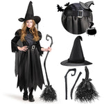 Spooktacular Creations Girls Black Witch Costume, Kids Halloween Outfit Set with Broom, Toddler Witch Dress for Halloween Role Play Themed Parties, S