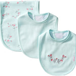Three light blue baby bibs with floral embroidery on a white background