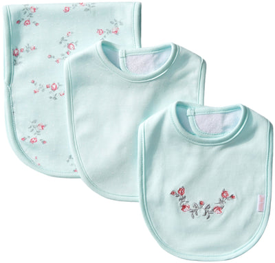 Three light blue baby bibs with floral embroidery on a white background