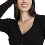 Motherhood Maternity Women's Long Sleeve V-Neck Side Ruched Henley Pregnancy Tee Shirt, Black, Small