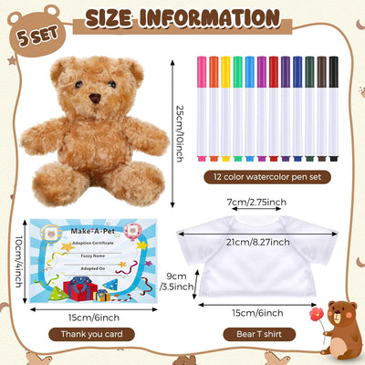 Blueweenly Make Your Own Stuffed Animal Kit Including 9.84 Inches Velvet Animal White T Shirt 12 Colors Pens and Thank You Card DIY Stuffed Plush Gift for Crafts (Brown,Bear)