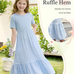 PATPAT Tween Girls Dress Summer Spring Maxi Casual Short Sleeve Flowy Long Dresses with Pockets Blue Size 10-11