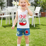 Mikrdoo Toddler Girl Summer Outfits Sleeveless Watermelon Tank Top + Denim Shorts Clothing Set (12-18 Months, White)