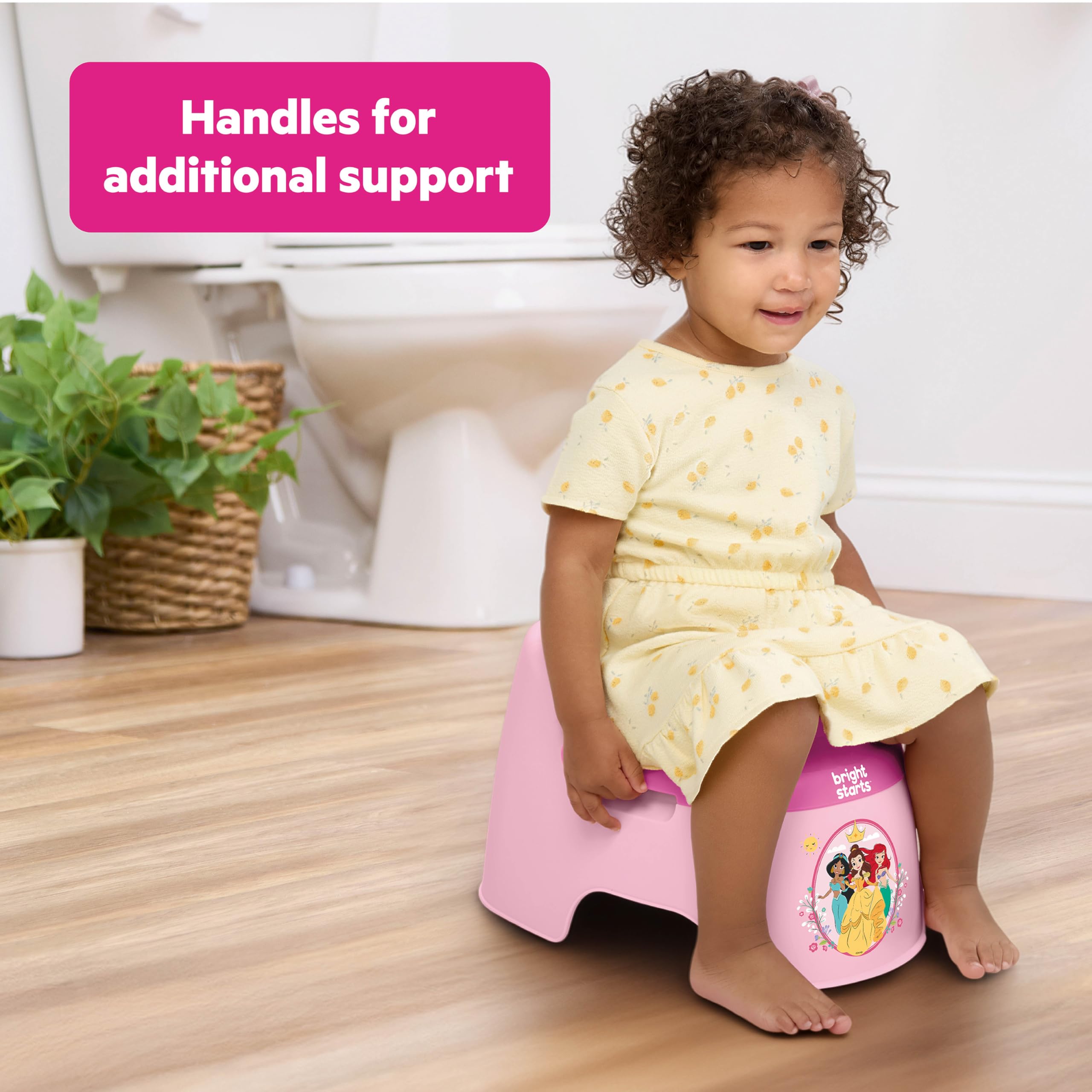 Bright Starts Disney Princess Full Comfort Potty Training Toilet, Easy Clean Removable Bowl, Splash Guard, High Back for Comfort & Stability, Toddlers up to 50 lbs