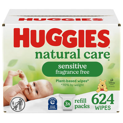 Huggies natural care sensitive fragrance free wipes packaging with a baby and Winnie the Pooh on a white background.