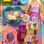 Barbie Puppy Pool Party Playset with Doll, Dog House and Slide, Heart Shaped Pool, Two Dog Figures, Six Accessories and Color Change, JBF35