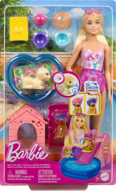 Barbie Puppy Pool Party Playset with Doll, Dog House and Slide, Heart Shaped Pool, Two Dog Figures, Six Accessories and Color Change, JBF35