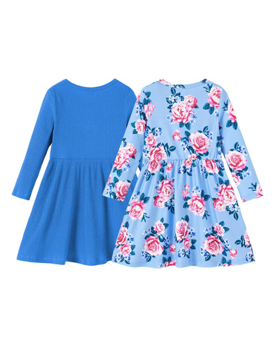 PATPAT Toddler Girl 2-Pack Long Sleeve A-line Dress Set School Days & Special Events, Deep Blue Camellia, 3 Years