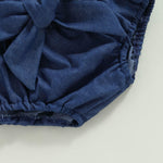 TheFound Toddler Baby Girl Summer Outfit Solid Color Tie-Up Halter Neck Knit Sweater Romper Denim Short Headband 3Pcs Clothes (Blue, 6-12 Months)