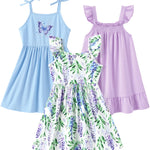PATPAT Girls Summer Dress Set – Butterfly Floral Print, Light Blue Strap Dress & Lavender Ruffle Sundress, Soft Breathable Clothes for Play & Events, 4–5T