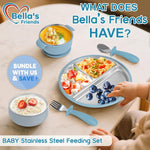 Baby Feeding Set| 2 Pack Stainless Steel Divided Suction Plate, 2 Set Toddler Spoons & Forks|BPA&LFree, Baby Led Weaning Supplies for Toddler Utensils Baby Feeding Essentials,grey blue
