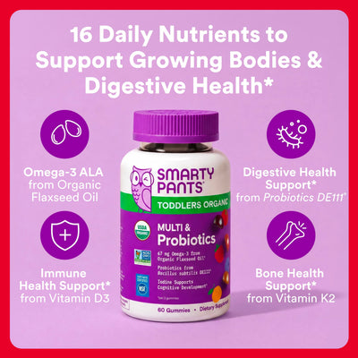 SmartyPants Organic Toddler Multivitamin Gummies: Probiotics, Omega 3 (ALA), Vitamin D3, C, Vitamin B12, B6, A, K & Zinc, Beta Carotene, Gluten Free, Three Fruit Flavors, 60 Count (30 Day Supply)