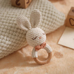 Natural Hand-Knit Wooden Baby Rattle - Soft Animal Shaped Sensory Toy for Newborns, Infants | Safe Beechwood & Crochet Texture | Perfect Baby Shower Gift