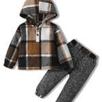 Kucnuzki Toddler Clothes 2T Long Sleeve Pullover Hoodies Little Boy Collared Plaid Flannel Shirt Boys Hooded Jacket Top + Long Pants 2-3 Year Old