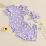 FOCUSNORM Newborn Infant Baby Girls Summer Outfit Ribbed Short Sleeve Romper + Floral Elastic Waist Shorts + Headband Sets (Flower Purple, 0-3 Months)