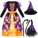 Spooktacular Creations Girls Light Up Bat Witch Tutu Costume, Toddlers Witch Dress with Hat and Broom for Kids Halloween Role Play Themed Parties, Purple Orange, 3T