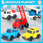 Playkidiz 5 Pack Toddler Car Toys Playset - Toy Cars, Including Airplane, Fire Truck, Ambulance, Pick Up Truck and Jeep, Ideal Car Set Gift for Ages 3-5 (Colors May Vary)