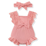 Renotemy Newborn Infant Baby Girl Clothes 0-3 Months Baby Girl Summer Outfit Infant Cotton Linen Romper Coming Home Newborn Essentials Outfits Gifts Pink Lace Sleeve Bodysuit Jumpsuit with Headband