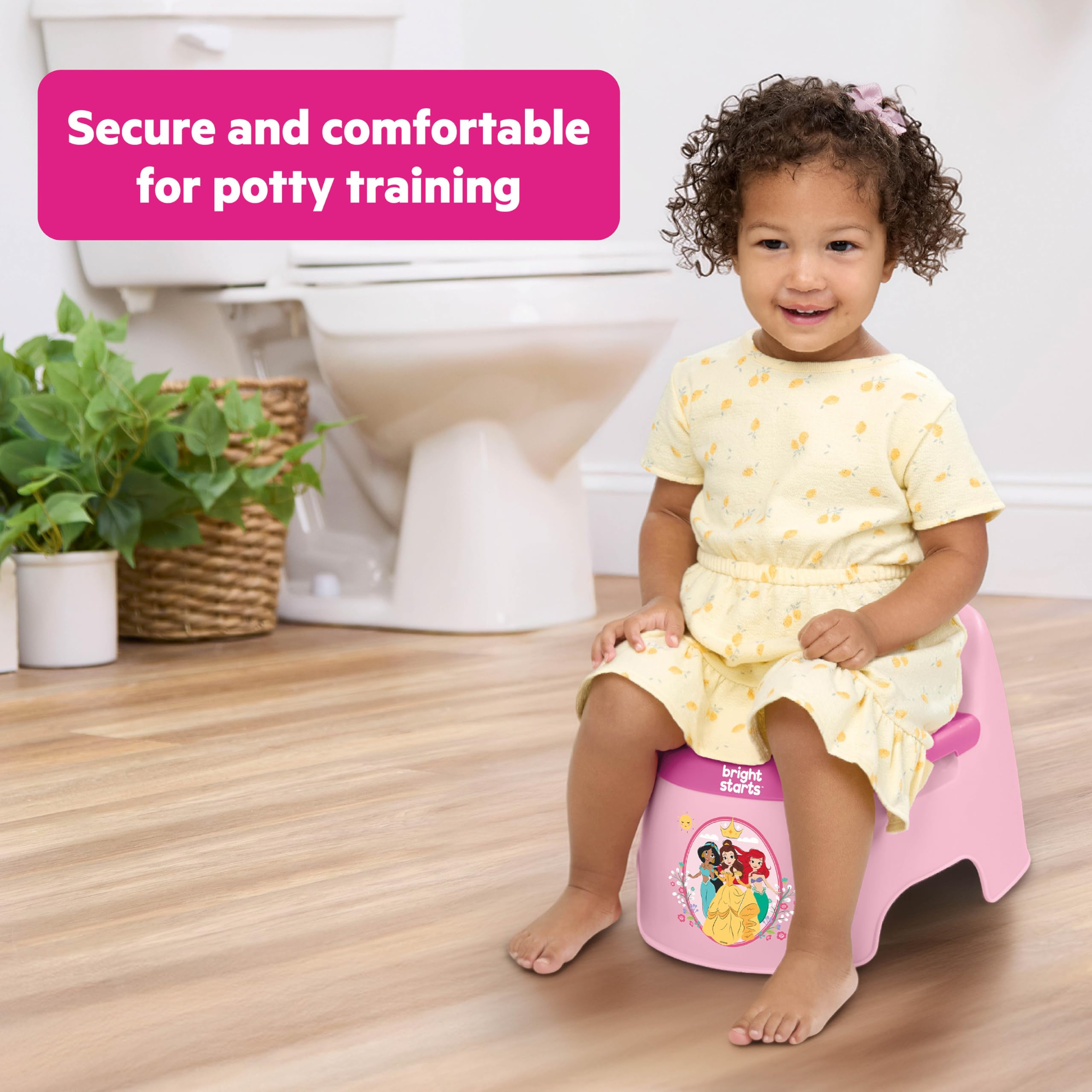 Bright Starts Disney Princess Full Comfort Potty Training Toilet, Easy Clean Removable Bowl, Splash Guard, High Back for Comfort & Stability, Toddlers up to 50 lbs