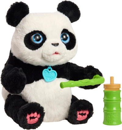 Plush panda toy with a green bamboo stick and water bottle on a white background