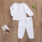 KtwHarnu Toddler Baby Boy Girl Clothes Cotton Linen Long Sleeve Button Pullover Tops Drawstring Pants Set Casual Outfit (White, 2-3 Years)