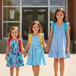 PATPAT Girls Summer Dress Set – Blue Tropical Leaf, Stripe Dress & Pink Ruffle Sundress, Soft Cotton for Daycare, Park & Travel, 4–5 Years