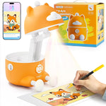 Orange and white art projector with a hand holding a pen and a child's drawing on a white surface.