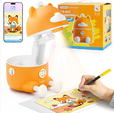 Orange and white art projector with a hand holding a pen and a child's drawing on a white surface.
