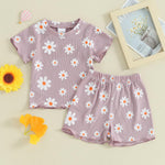 FOCUSNORM Toddler Baby Girl Outfit Newborn Girl Summer Clothes Cute Daisy Short Sleeve T Shirt Top Set Elastic Waist Shorts (Daisy Purple, 12-18 Months)