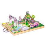Wooden toy train set with scenic landscape and characters on a white background