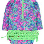 RuffleButts Baby Girls UPF 50+ Sun Protection Novelty Print Long Sleeve One Piece Rash Guard Swimsuit with Zipper - Neon Paisley Pop, 2T