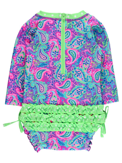 RuffleButts Baby Girls UPF 50+ Sun Protection Novelty Print Long Sleeve One Piece Rash Guard Swimsuit with Zipper - Neon Paisley Pop, 2T