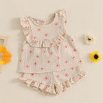 BemeyourBBs Summer Toddler Girl Clothes Baby Girl Ruffle Sleeveless Shirt with Buttons Bow Bloomers Shorts Set Cute Outfits (Floral Khaki, 12-18 Months)