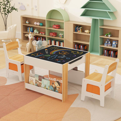 Costzon Kids Table and Chairs, 4 in 1 Wooden Activity Desk Set w/Reversible Tabletop, Bookshelves & Storage Drawers for Drawing, Reading, Crafts, Playing, Toddler Table and Chair Set (Natural)