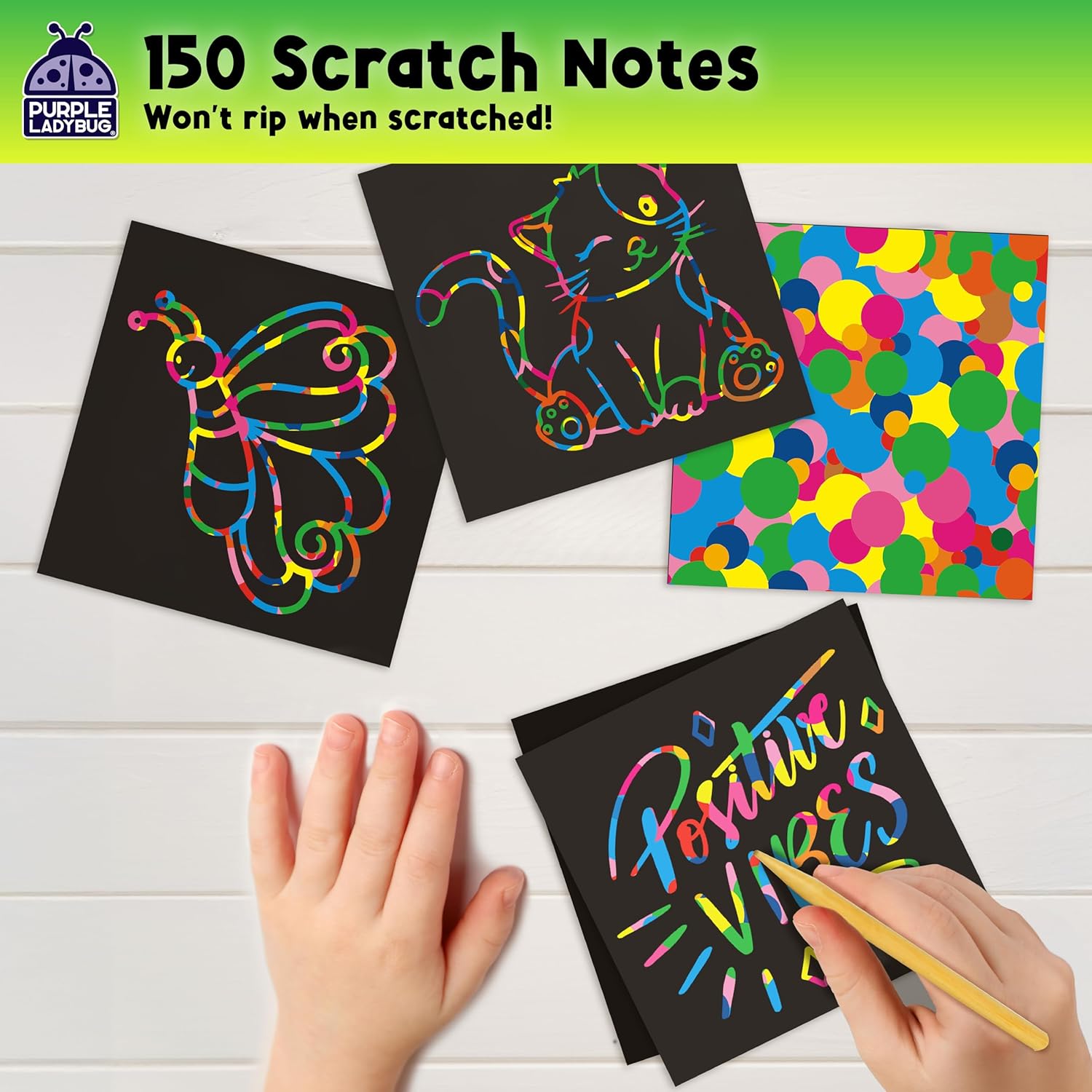 PURPLE LADYBUG 150 Rainbow Scratch Art Mini Notes - Arts and Crafts Supplies, Fun & Colorful Scratch Paper for Kids & Teens Gift, Activities for Summer, Wedding, Birthday Party, Travel, Camping