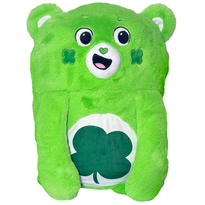 Green plush bear with clover design on a white background